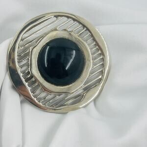 Vintage Dauplaise Modernist Brooch Silver Tone Black Cabochon Futuristic Mod